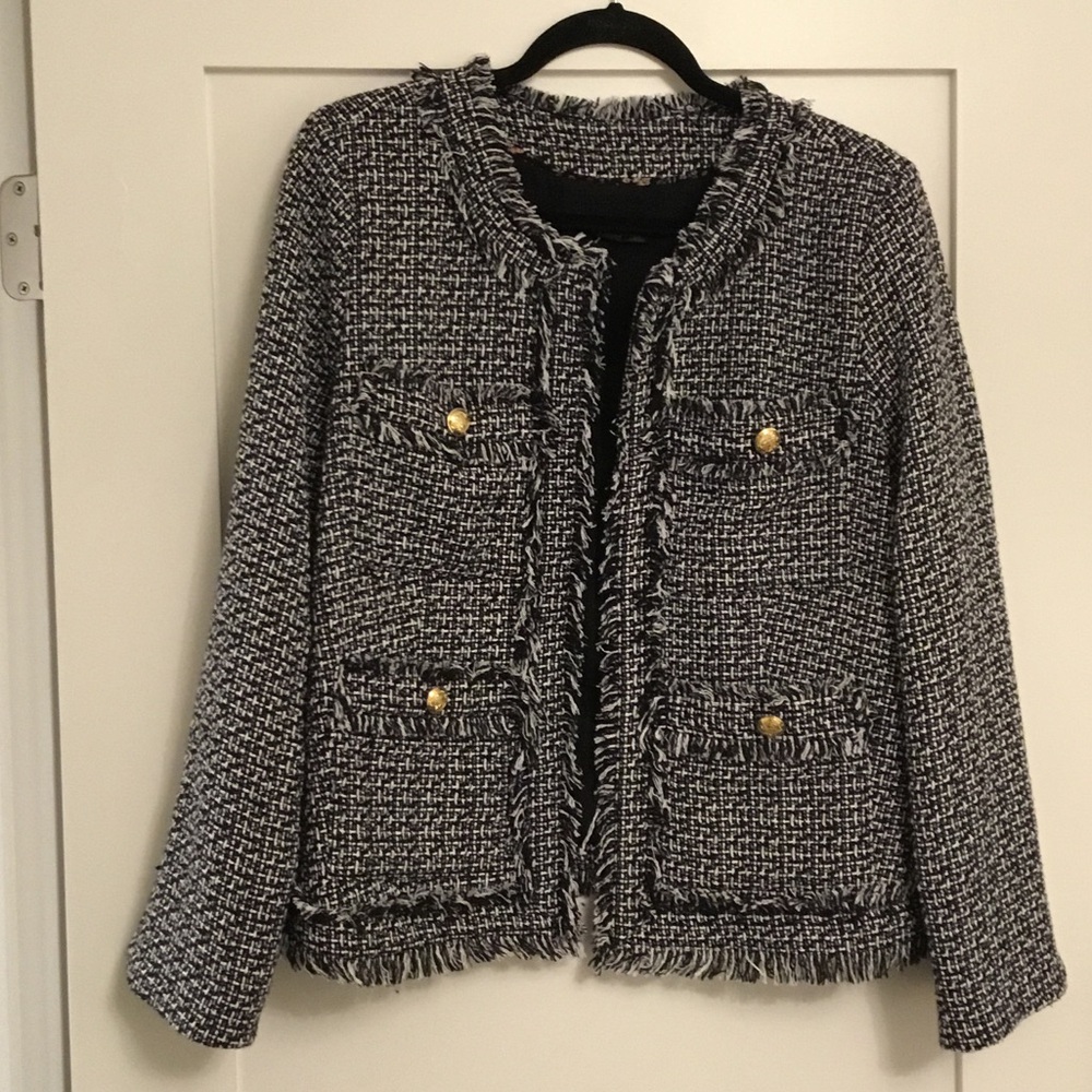 Women's Black & White Tweed Fringe Jacket